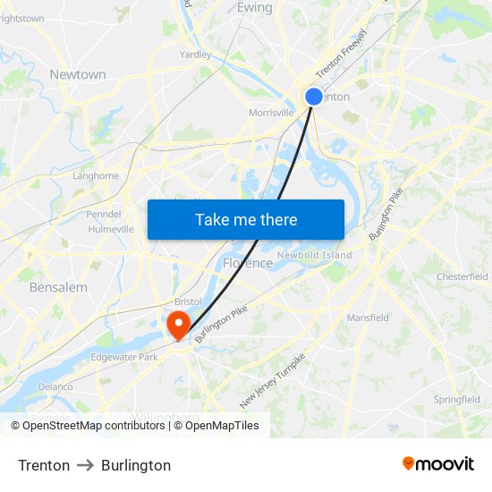 Trenton to Burlington map