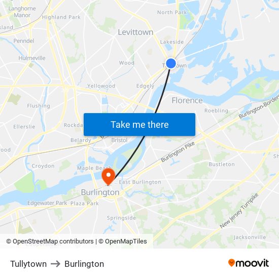 Tullytown to Burlington map