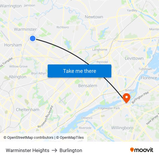Warminster Heights to Burlington map