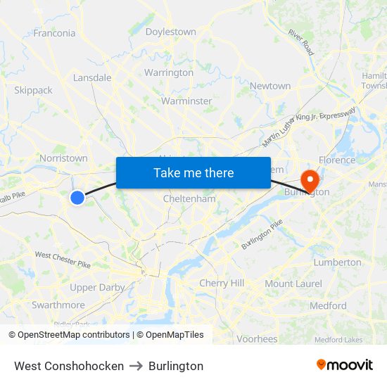 West Conshohocken to Burlington map