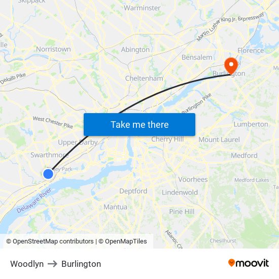 Woodlyn to Burlington map