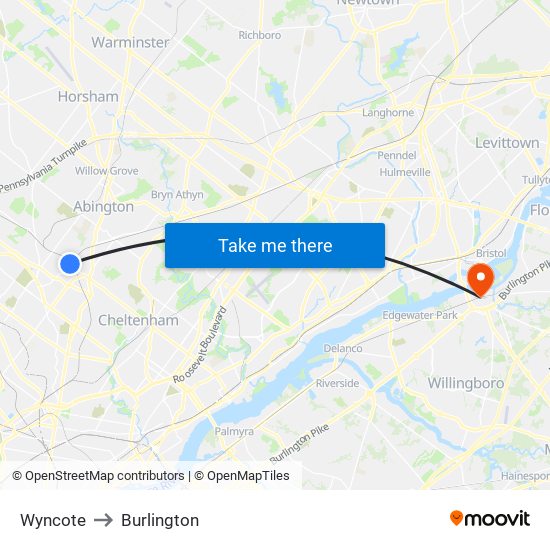 Wyncote to Burlington map