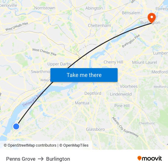 Penns Grove to Burlington map