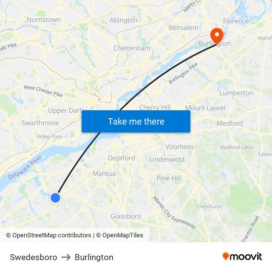 Swedesboro to Burlington map