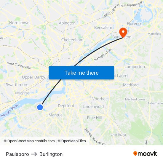 Paulsboro to Burlington map