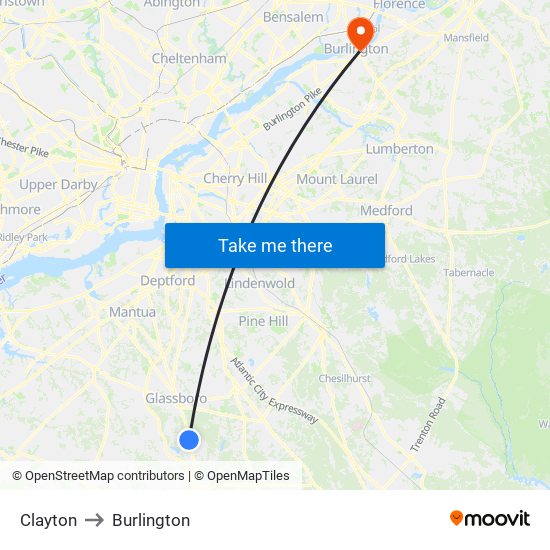 Clayton to Burlington map