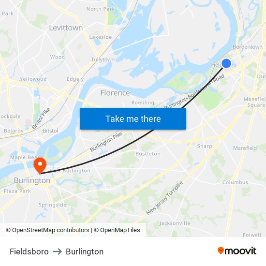 Fieldsboro to Burlington map