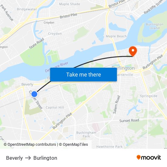 Beverly to Burlington map