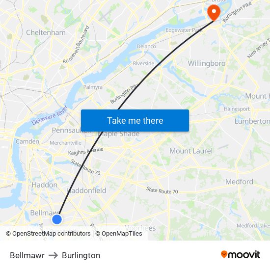 Bellmawr to Burlington map