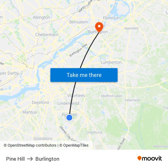 Pine Hill to Burlington map