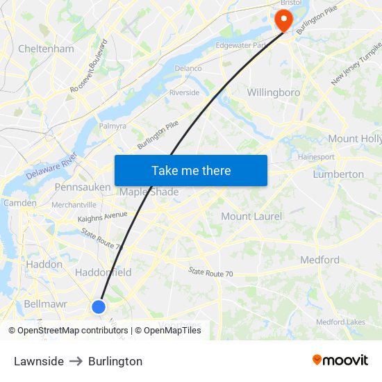 Lawnside to Burlington map