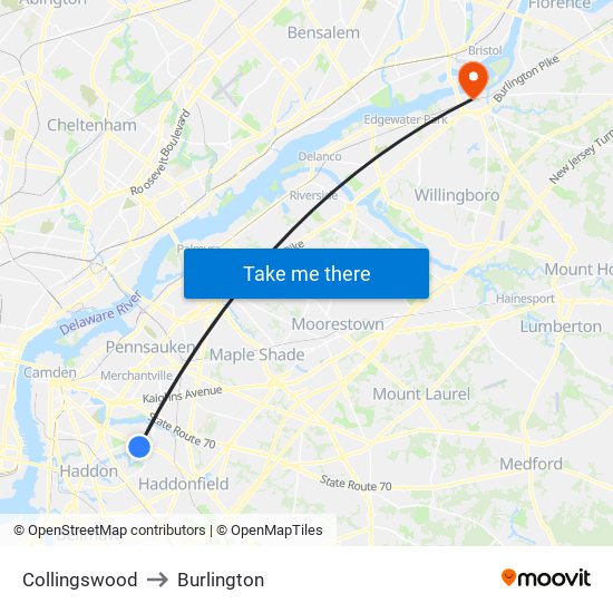 Collingswood to Burlington map