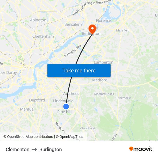 Clementon to Burlington map