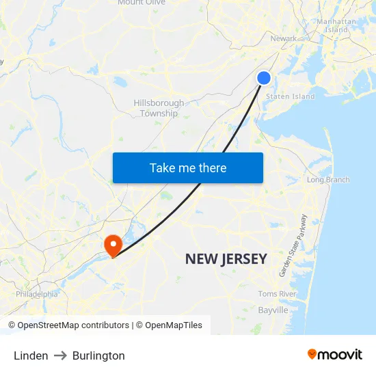 Linden to Burlington map