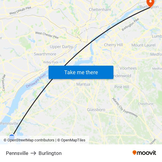 Pennsville to Burlington map