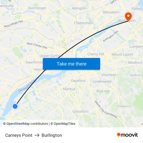 Carneys Point to Burlington map