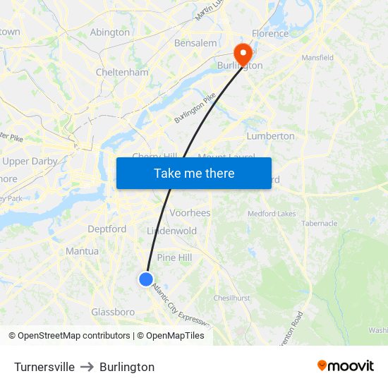 Turnersville to Burlington map