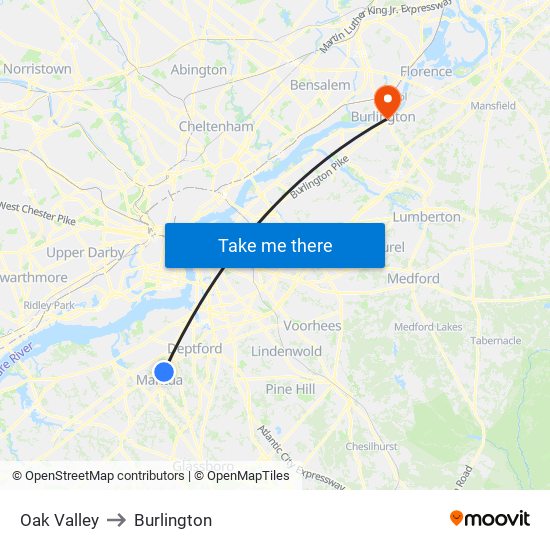 Oak Valley to Burlington map