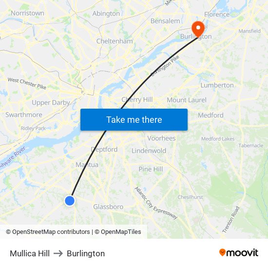 Mullica Hill to Burlington map