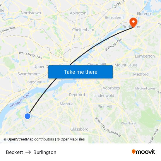 Beckett to Burlington map