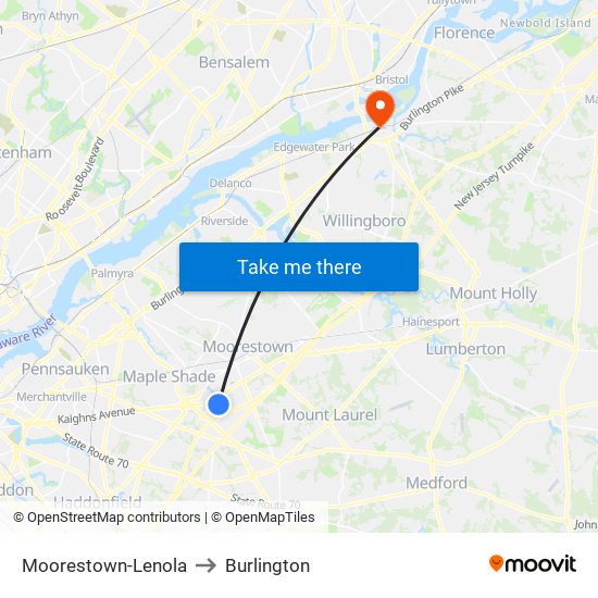 Moorestown-Lenola to Burlington map