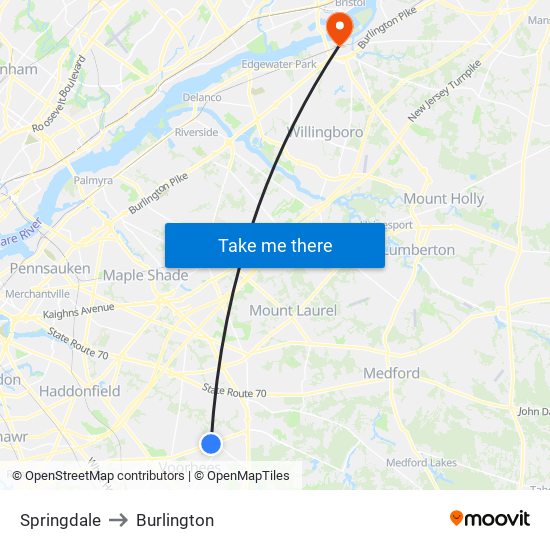 Springdale to Burlington map