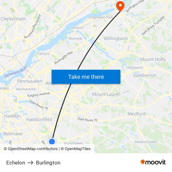 Echelon to Burlington map