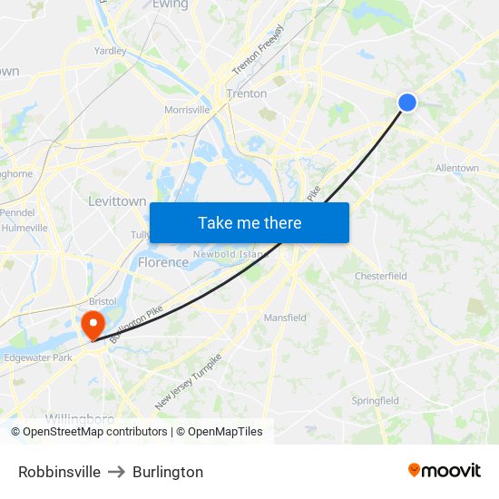 Robbinsville to Burlington map