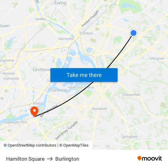 Hamilton Square to Burlington map