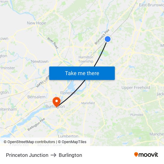 Princeton Junction to Burlington map