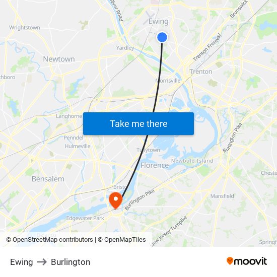 Ewing to Burlington map