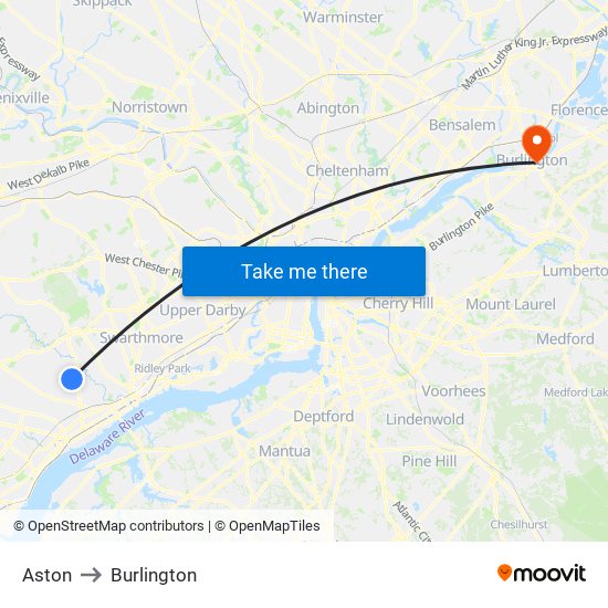 Aston to Burlington map