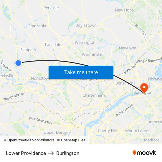Lower Providence to Burlington map