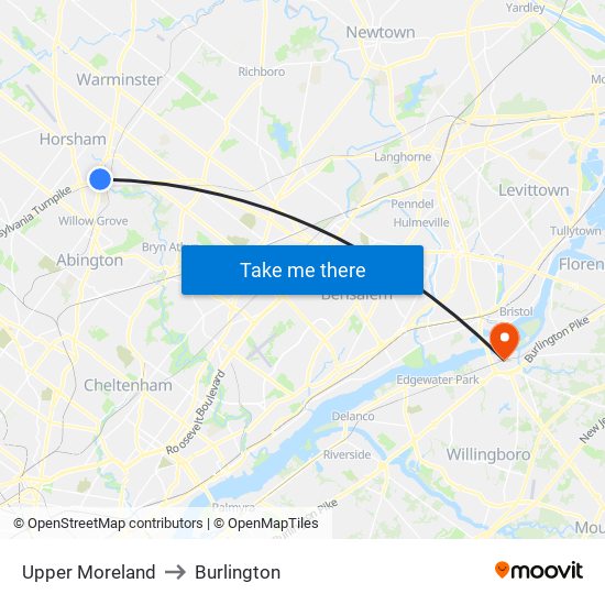 Upper Moreland to Burlington map