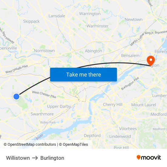 Willistown to Burlington map