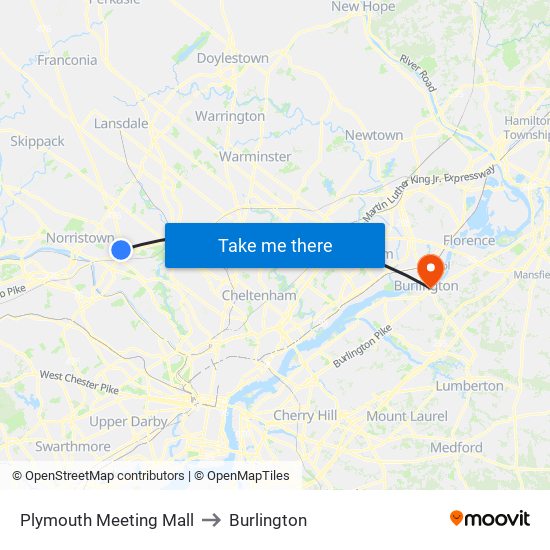 Plymouth Meeting Mall to Burlington map