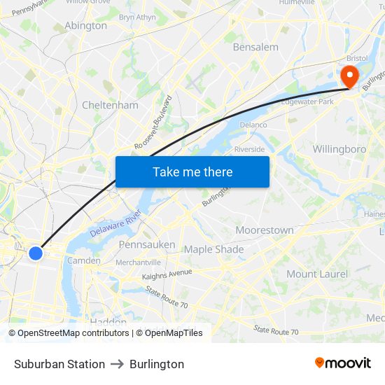 Suburban Station to Burlington map