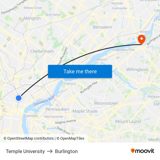 Temple University to Burlington map