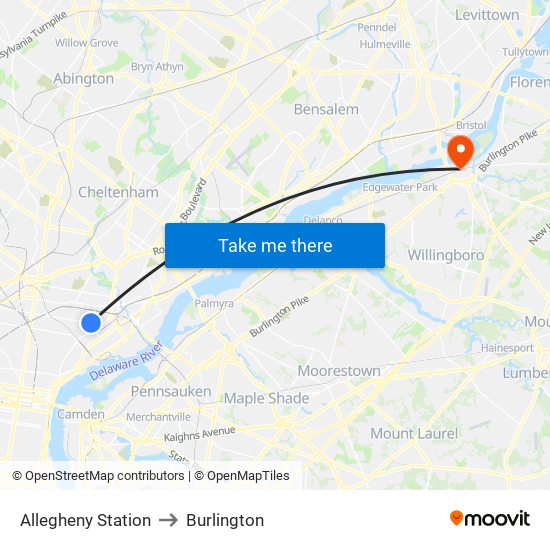 Allegheny Station to Burlington map