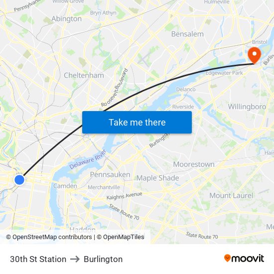 30th St Station to Burlington map