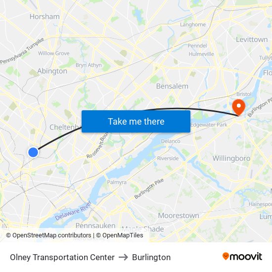 Olney Transportation Center to Burlington map