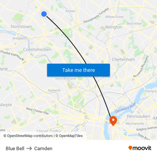 Blue Bell to Camden map