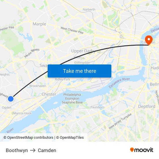 Boothwyn to Camden map