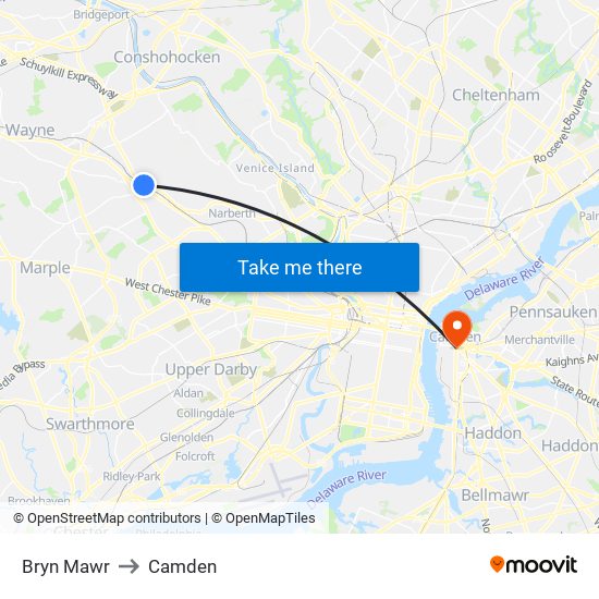 Bryn Mawr to Camden map