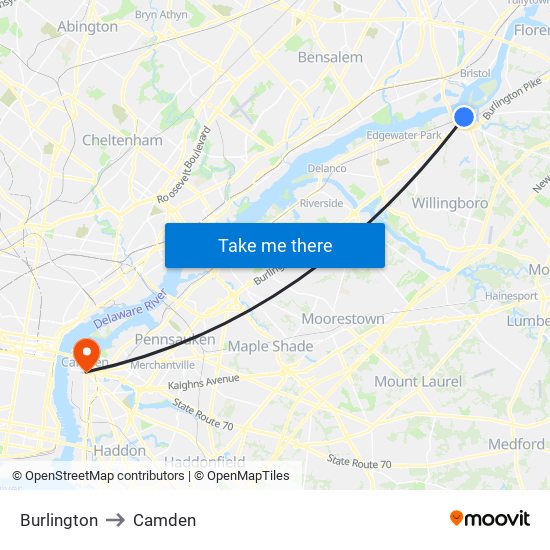 Burlington to Camden map