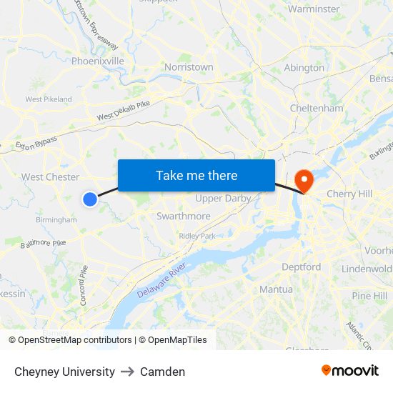 Cheyney University to Camden map