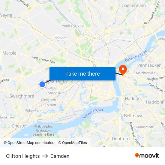 Clifton Heights to Camden map
