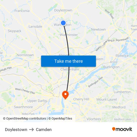 Doylestown to Camden map