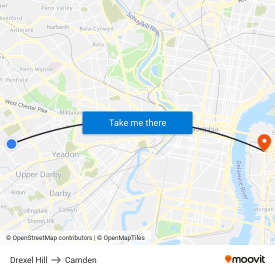 Drexel Hill to Camden map
