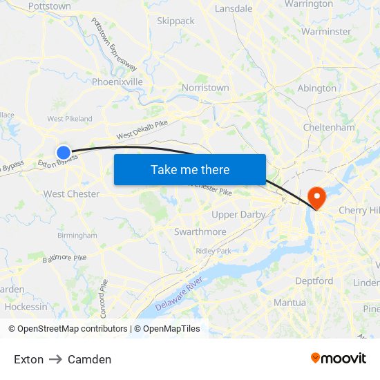 Exton to Camden map